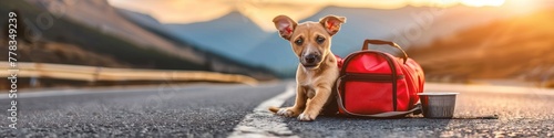 lone puppy with a red travel bag by the roadside at sunset paints a poignant picture of pet abandonment, urging awareness and responsible pet-friendly solutions in promotional campaigns photo