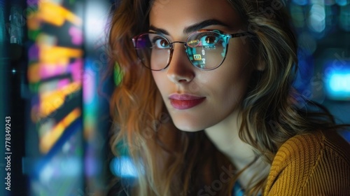 Visionary in Creative Tech Space, Middle Eastern woman in glasses reflects a spectrum of colors from her screen, symbolizing her vision in the vibrant tech world © Anastasiia