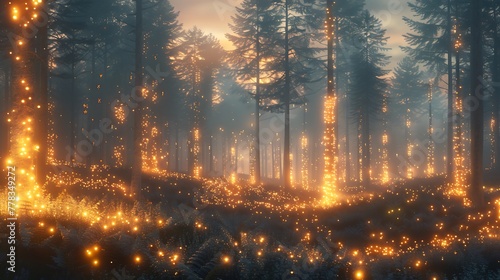 A conceptual image depicting a forest of genetically engineered trees with glowing leaves, powered by integrated bioluminescent and photovoltaic cells. photo