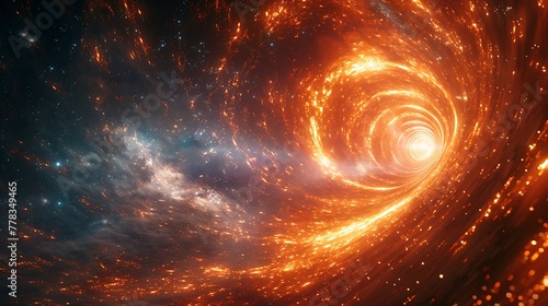 A depiction of a space-time warp, visualized as a tunnel of bending geometric shapes and grids, with streaks of light illustrating movement through the wormhole.