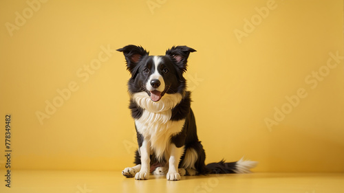 A black and white Border Collie sits against a yellow background.
