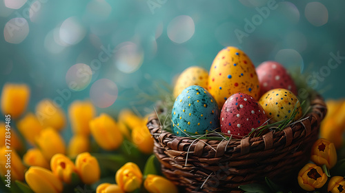 Easter background, Easter basket with colorful easter eggs and tulips, high resolution graphic source, 16:9, 1920*1080