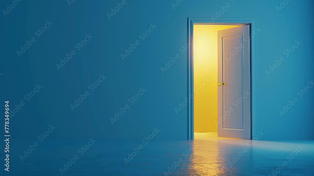 An open door with yellow light inside is illuminated on a blue background in this 3D render. Modern minimal concept. Opportunity metaphor.