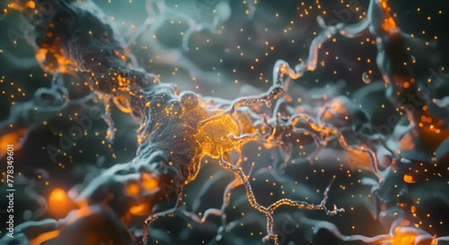 Close-up of a eukaryotic neuron cell, with detailed visualization of dendrites and axon terminals