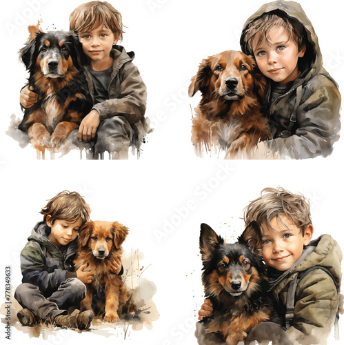 child and puppy watercolor vector illustration
