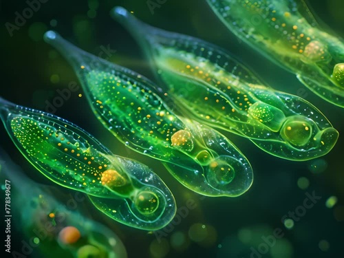 Close-up of a euglena colony, focusing on the greenish hue and flagella, through differential interference contrast microscopy