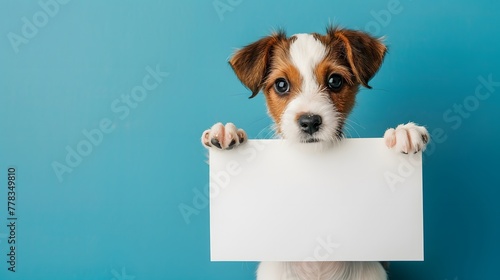 A cute dog holding a white blank paper or placard, isolated on blue background