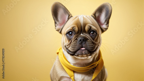 A studio photo of a French Bulldog wearing a yellow bow tie © ALI