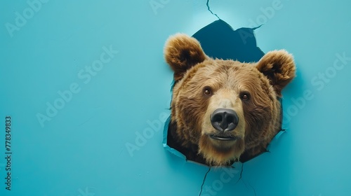 Mysterious grizzly bear peeking through a tattered blue paper, showing curiosity