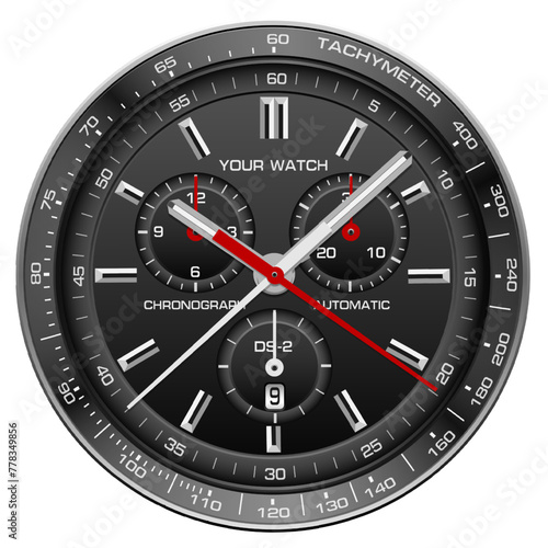Realistic watch clock dashboard black face silver red arrow white number on isolated design classic luxury fashion for men vector