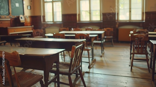 Empty Classroom. Back to school concept in high school. Classroom Interior Vintage Wooden Lecture Wooden Chairs and Desks. Studying lessons in secondary education. generative ai photo