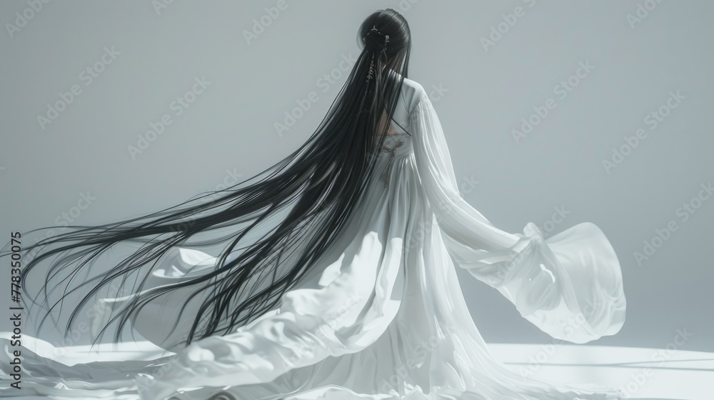 Ethereal Woman in Flowing White Dress, graceful figure in a flowing white dress, her long hair streaming behind her, exudes a sense of peace and ethereal beauty