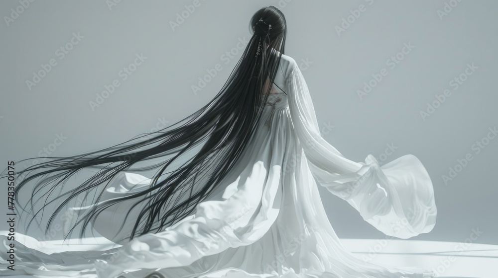 Ethereal Woman in Flowing White Dress, graceful figure in a flowing white dress, her long hair streaming behind her, exudes a sense of peace and ethereal beauty Ethereal Woman in Flowing White Dress, graceful figure in a flowing white dress, her long hair streaming behind her, exudes a sense of peace and ethereal beauty