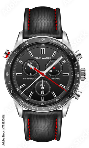 Realistic watch clock black face silver red arrow white number with fabric strap on isolated design classic luxury fashion for men vector