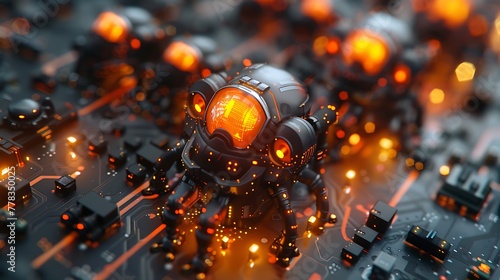 A dynamic scene capturing a swarm of nanotechnology robots constructing a microchip, with each nanobot illuminated by a different color to signify its unique function.