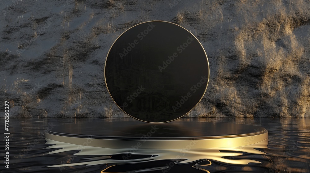 A 3D rendering of a gold cobble platform with a black board and reflection in the water. A blank stage mockup for displaying products.