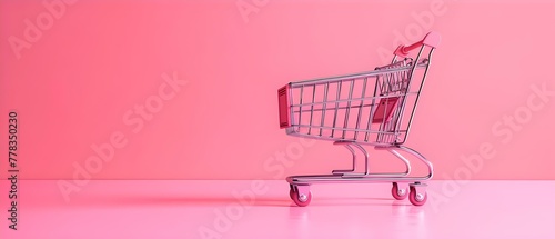 Minimalist E-commerce Concept with Cart on Pink. Concept Pink Background, Product Showcase, Online Shopping, Clean Design, Simple E-commerce