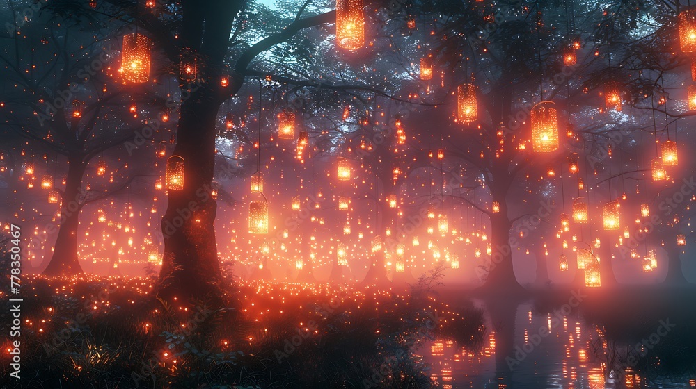 A scene from a digital dreamscape where an ethereal forest of wireframe trees is illuminated by floating lanterns in geometric shapes, casting soft, dynamic shadows on the ground.