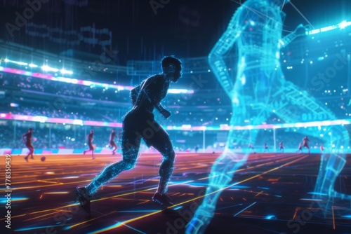 Futuristic Holographic Sports Event in Augmented Reality Stadium 