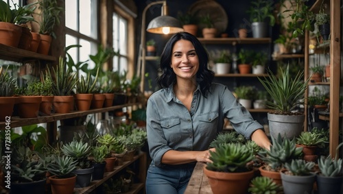 Smiling attractive female small business owner in her plant shop