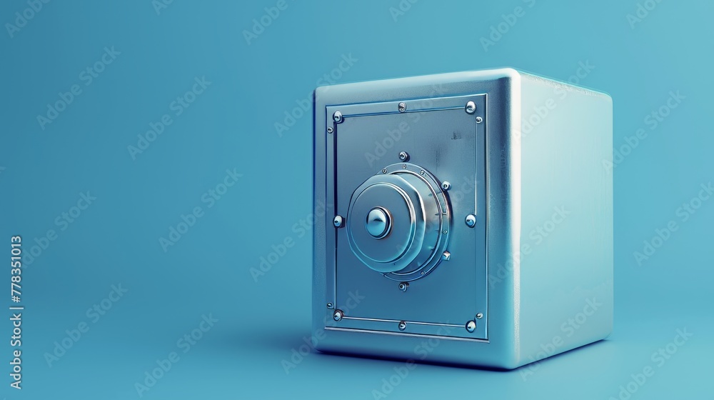 The closed metallic safe box of a bank is shown in 3D on a blue background. The closed metallic safe box of a bank is shown in 3D on a blue background.