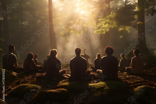 people praying and meditating in the woods in circle, meditating, yoga