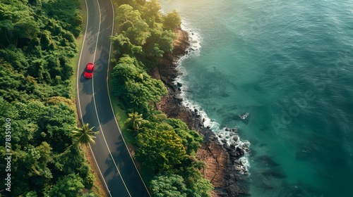 Aerial shot of coastal road cutting through lush greenery, sea in background, symbolizing escape and adventure
