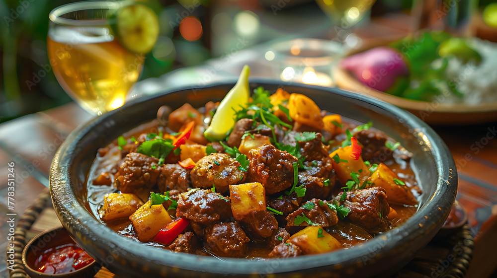 Jamaican Curry Goat on Decorated Table for HD Wallpaper with Cinematic Effect Jamaican Curry Goat on Decorated Table for HD Wallpaper with Cinematic Effect