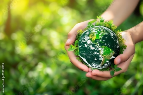 Conceptual image of hands holding a green Earth, signifying protection and sustainability for World Environment Day.