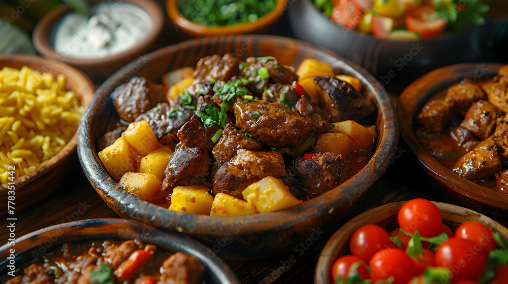 Jamaican Curry Goat on Decorated Table for HD Wallpaper with Cinematic Effect Jamaican Curry Goat on Decorated Table for HD Wallpaper with Cinematic Effect