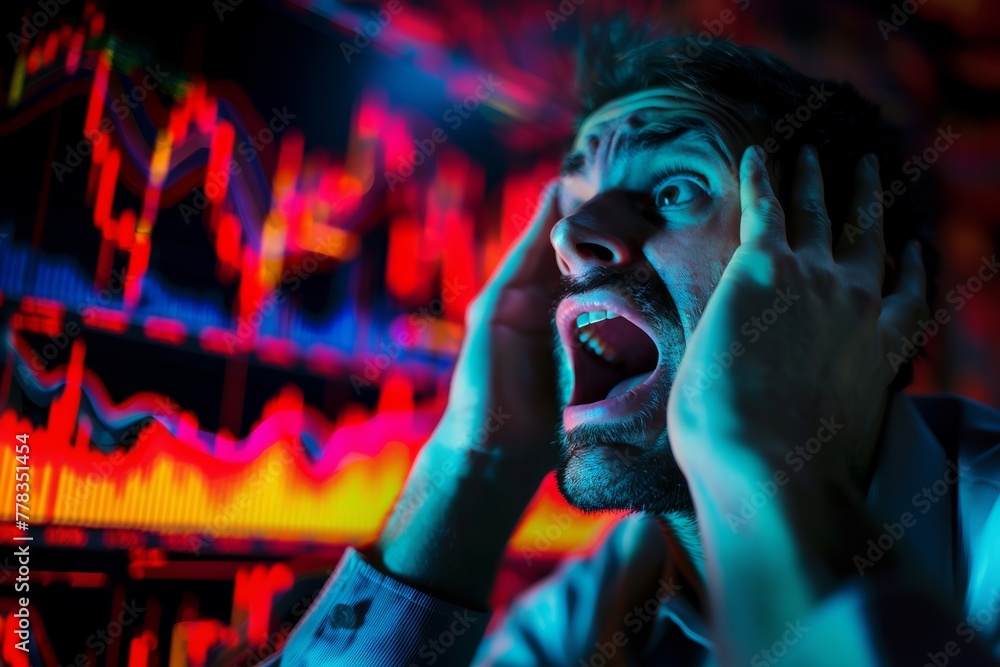 Individual in panic at sight of plummeting stock charts, representing bear market fears, dynamic angle, vivid display Individual in panic at sight of plummeting stock charts, representing bear market fears, dynamic angle, vivid display