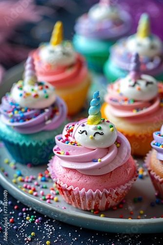 Magical unicorn pastries with rainbow filling and sparkly sugar frosting, designed to delight young dreamers ,close up