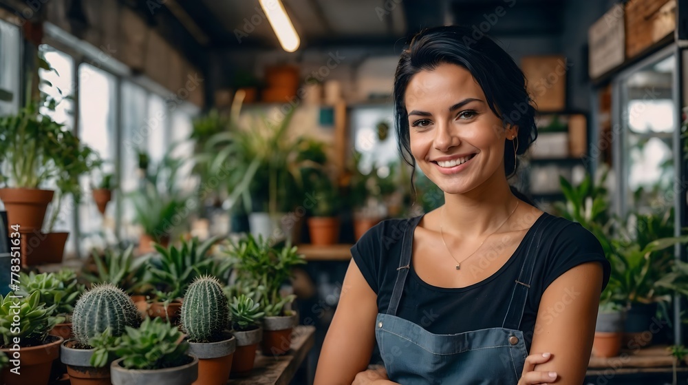 Smiling attractive female small business owner in her plant shop
