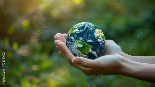 Hands cradling a small, delicate Earth, symbolizing Earth Day and sustainable living, focus on ecological environment