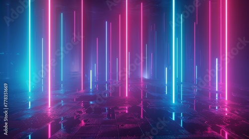 Colorful laser ray wallpaper, abstract neon with ascending pink and blue lines.