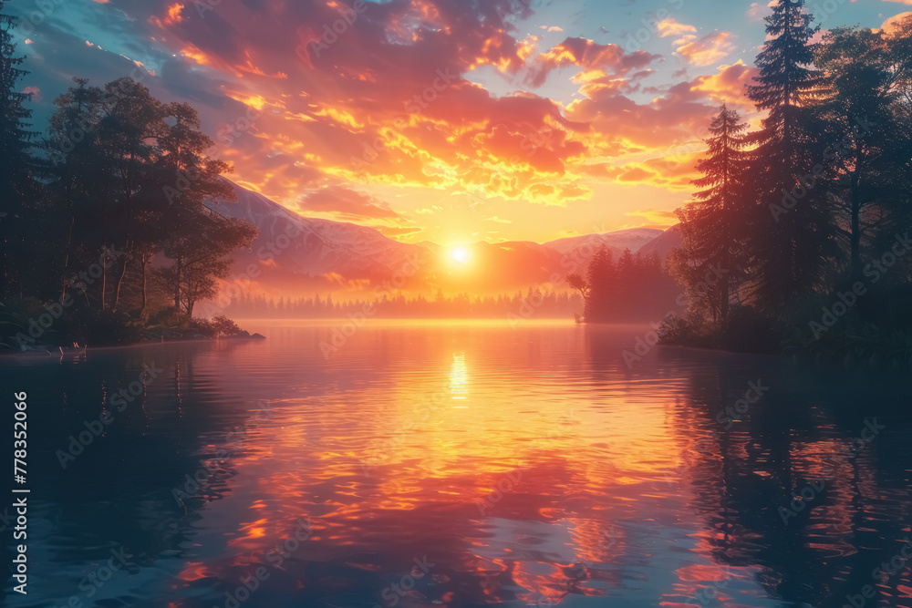 tranquil sunrise over misty mountains and serene lake