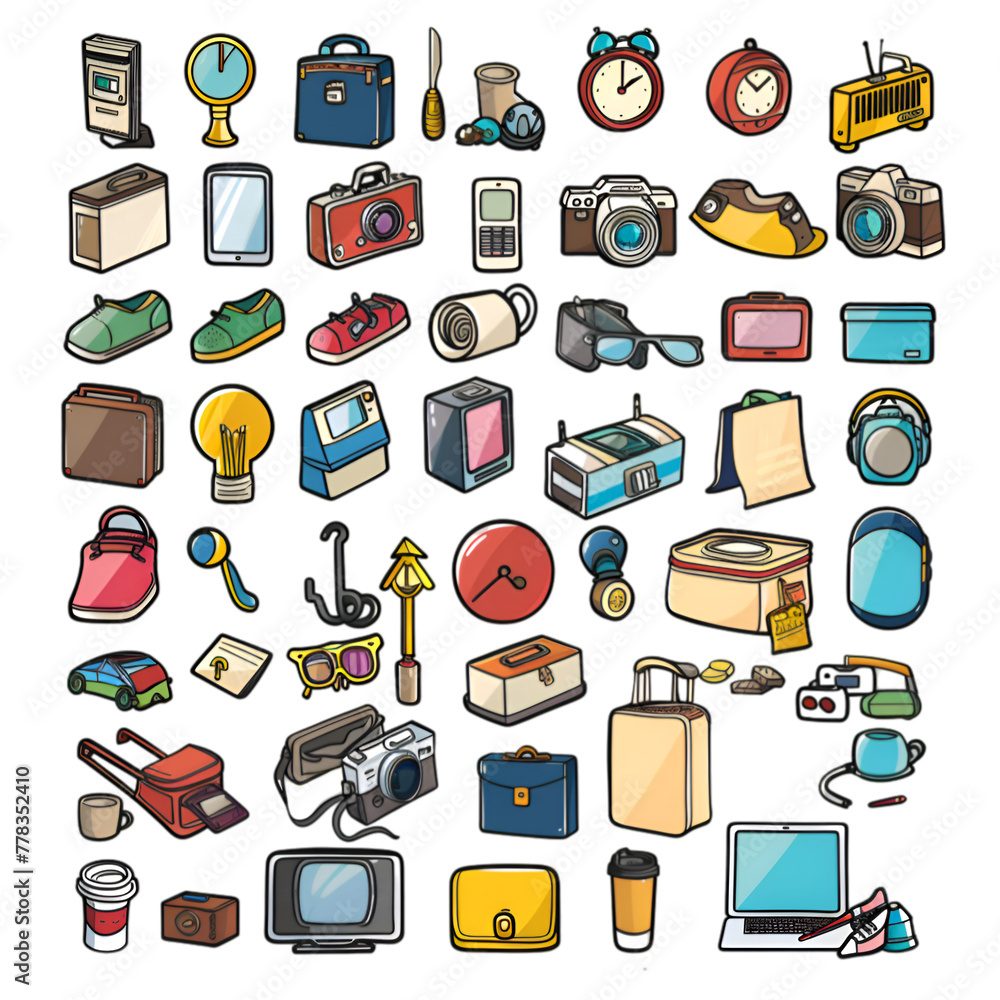 Collectible icons such as books, cell phones, watches, cups, bottles, watches. Generative AI Collectible icons such as books, cell phones, watches, cups, bottles, watches. Generative AI