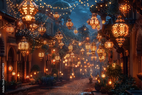 enchanting Eid Al-Fitr night in a magical street illuminated by ornate glowing lanterns