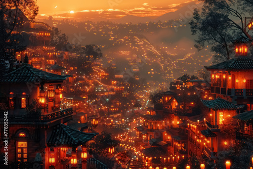 enchanting night in a historic village illuminated by thousands of glowing lanterns amidst misty mountains