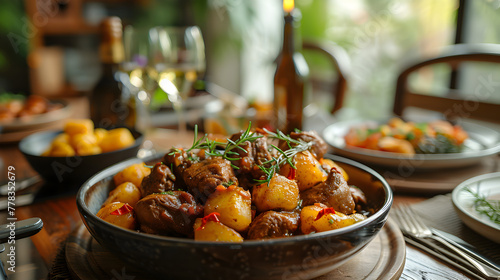 Jamaican Curry Goat on Decorated Table for HD Wallpaper with Cinematic Effect