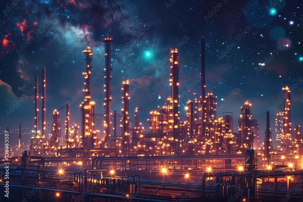 A futuristic oil refinery on a distant planet, pipelines and towers against a starry sky, scifi style A futuristic oil refinery on a distant planet, pipelines and towers against a starry sky, scifi style