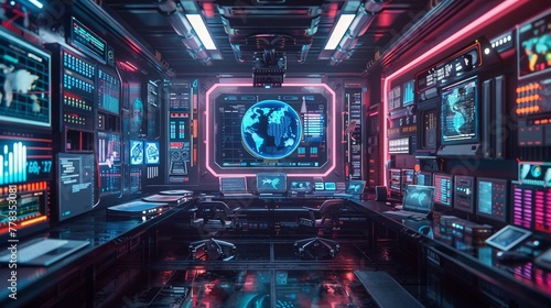 A futuristic concept art of a software development workspace, with holographic displays and virtual reality interfaces, illustrated