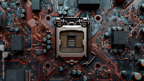 Intricate View of Central Processing Unit's (CPU) Motherboard Socket with Electronic Components
