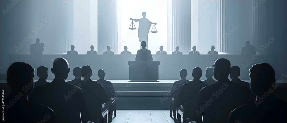 Legal Minds Converge in Court under the Scales of Justice. Concept Law, Legal, Courtroom, Justice, Convergence - obrazy, fototapety, plakaty 