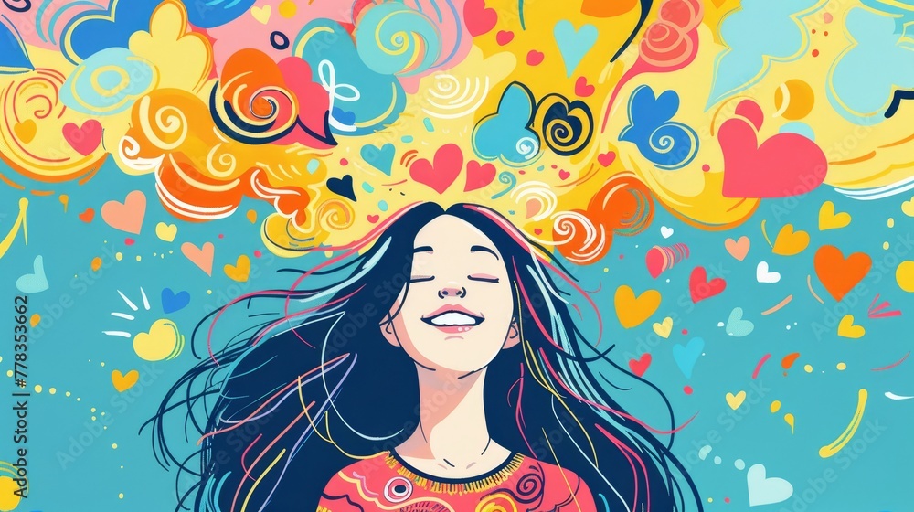 Dynamic and imaginative illustration of creative outburst full of dreams and love in heart shapes. Mental health concept Dynamic and imaginative illustration of creative outburst full of dreams and love in heart shapes. Mental health concept