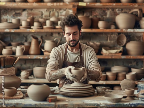 Man shaping a clay pot in a pottery studio.