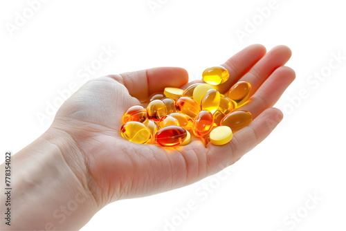 Close-up of a hand holding many vitamin pills. isolated transparence background. Ai generative. 