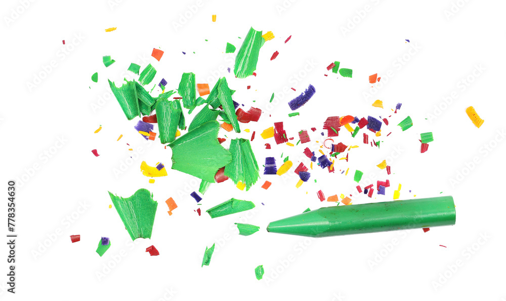Obraz premium Green wax pastel and spiral shavings from sharpener isolated on white, top view