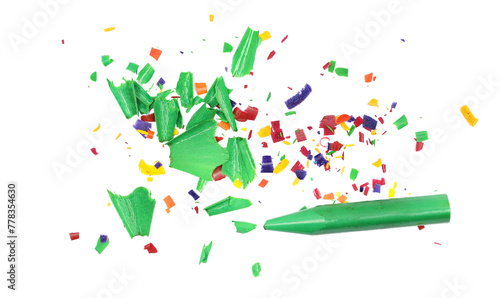 Green wax pastel and spiral shavings from sharpener isolated on white, top view