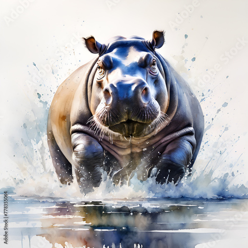 Watercolor and painting hippopotamus in water and river. Jungle Animal Illustration  © Coco